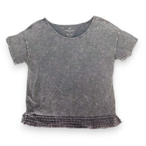 American Eagle Burnout Tee Crochet Hem Scoop Neck Cap Sleeve Charcoal Gray S